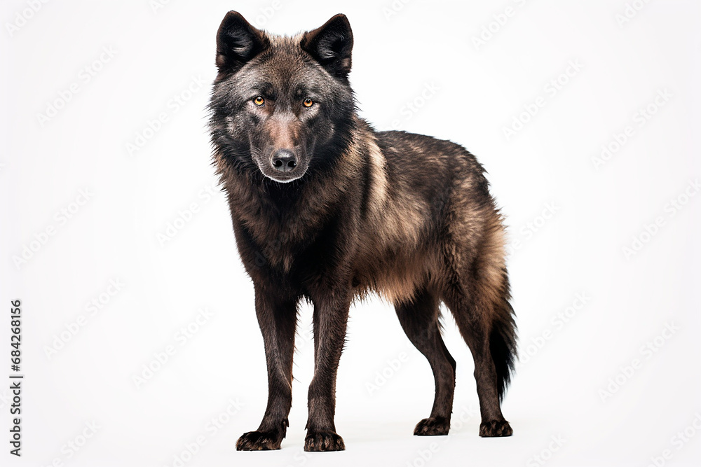 Fototapeta premium Black Wolf standing on a white background. Beautiful animal left-side portrait