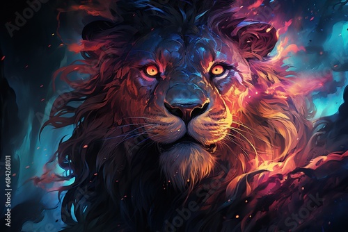 A picture of lion head, with neon lights red eyes. wallpaper concept. Generative AI © Saim Art