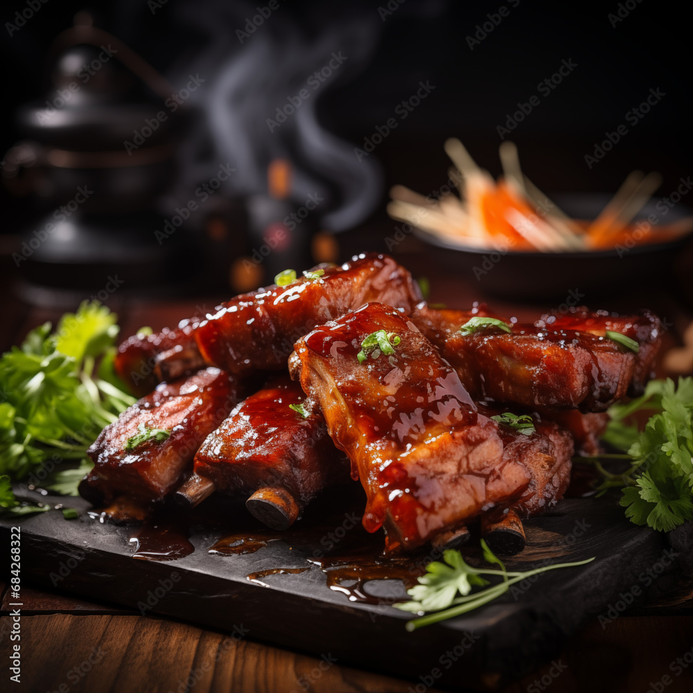 Sticky BBQ pork ribs on a slate, perfect for culinary guides and barbecue recipes.