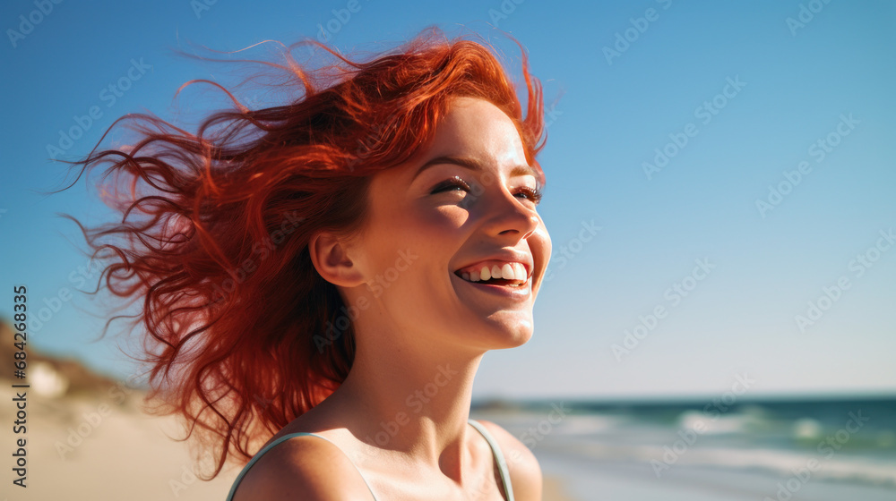 Beautiful redhaired girl smiling against the background of the beach and sea.