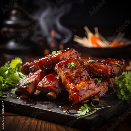 Sticky BBQ pork ribs on a slate, perfect for culinary guides and barbecue recipes.