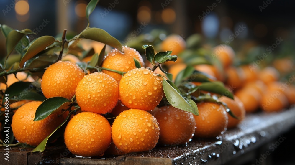 A pile of mandarins on the Christmas market, extremely sharp photo - obrazy, fototapety, plakaty 