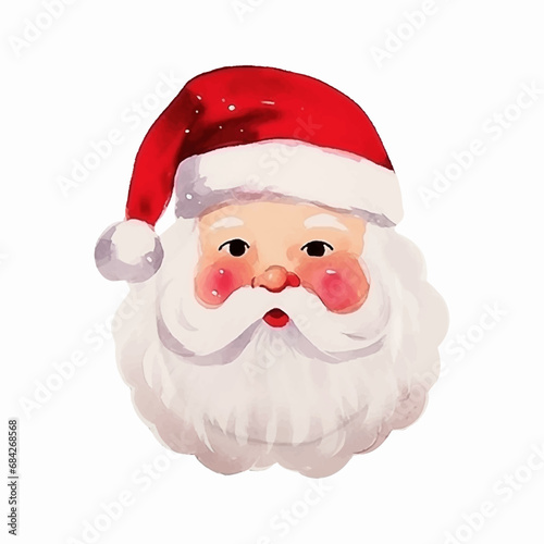Vector Cute watercolor Funny Smiling Santa Claus Head Icon, sticker isolated on white. Design Template for Holiday Merry Christmas and Happy New Year Greeting Cards, Stickers, Banners	
