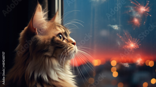 Cat looks out the window and watching the fireworks, generative ai © OP38Studio