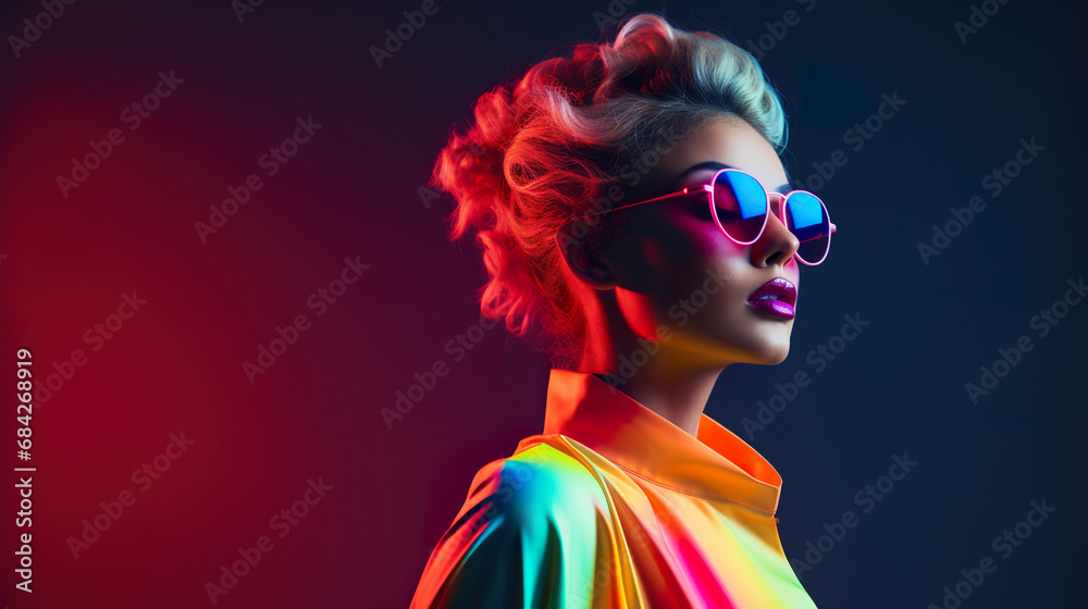 Fototapeta premium modern stylish woman at multi colored background, gen z or hipster youth studio shot, female at colourful background