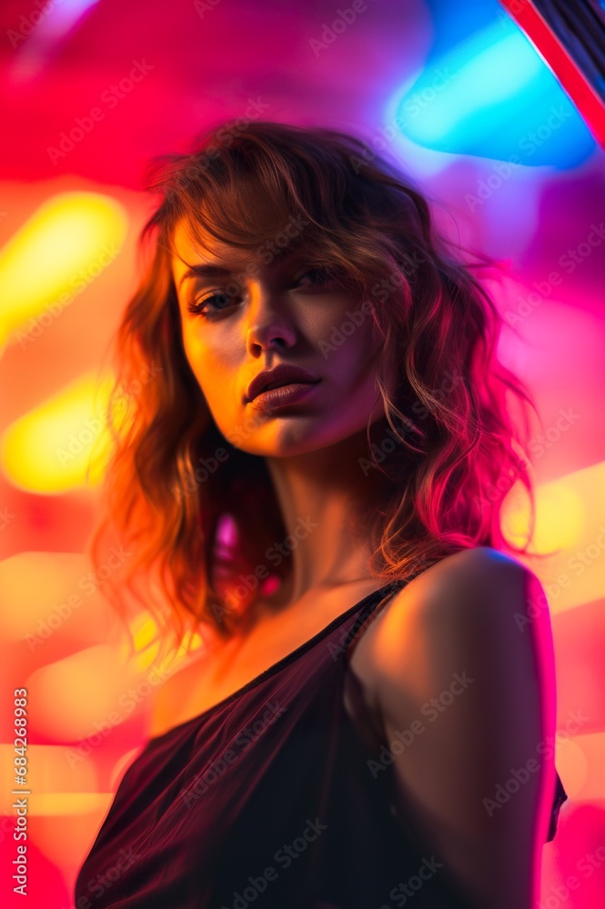 Naklejka premium modern stylish woman at multi colored background, gen z or hipster youth studio shot, female at colourful background