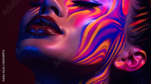 portrait of young beautiful woman with multi colored dye stylish makeup  pretty model female with multicoloured paint make up