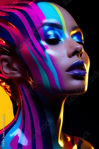 portrait of young beautiful woman with multi colored dye stylish makeup  pretty model female with multicoloured paint make up