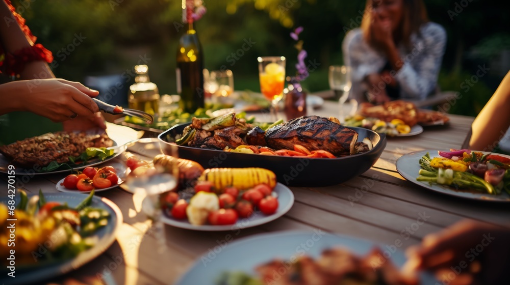 
Backyard Dinner Table with Tasty Grilled Barbecue Meat, Fresh Vegetables and Salads. Happy Joyful People , Celebrating and Having Fun in the Background on House Porch