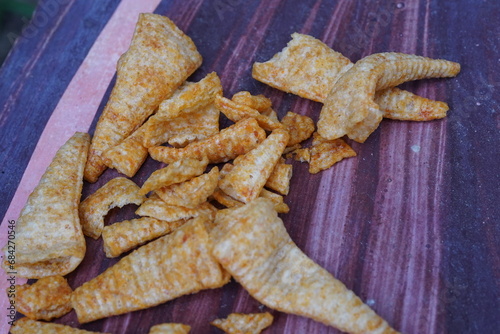 Close up Crispy fried snacks food. photo