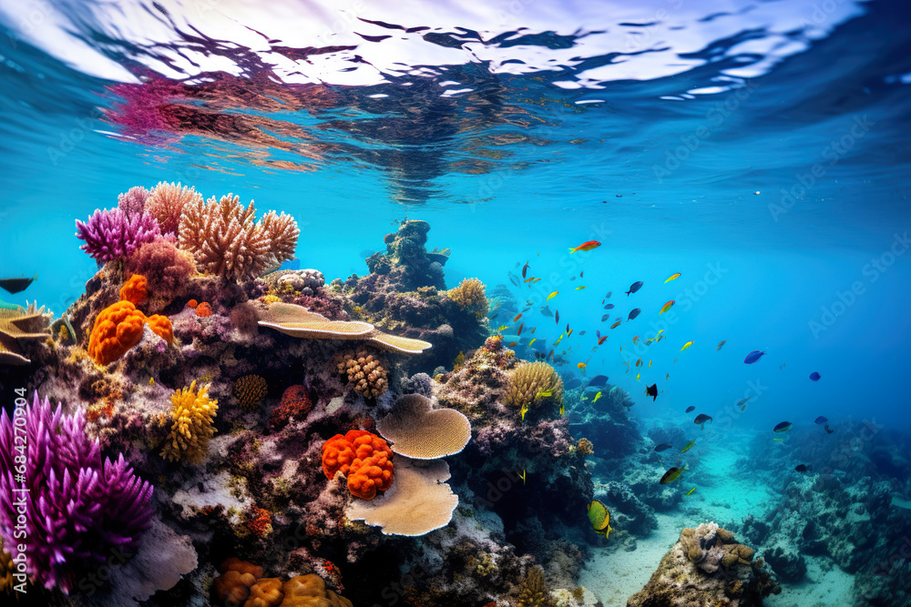 Naklejka premium Underwater coral reef with colorful fish. Generative Ai