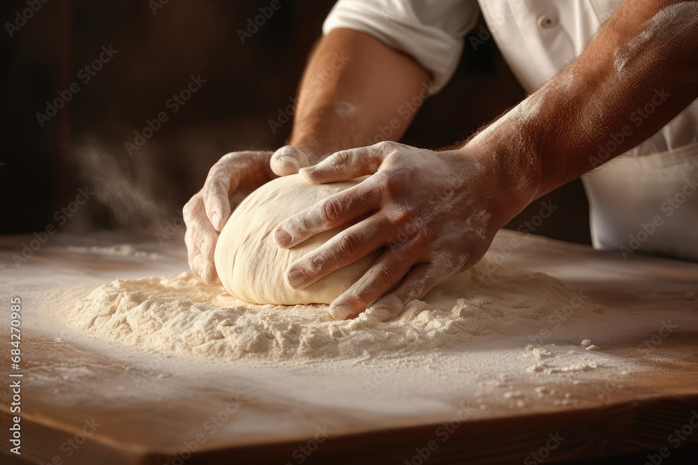 Male hands knead the dough on a wooden table