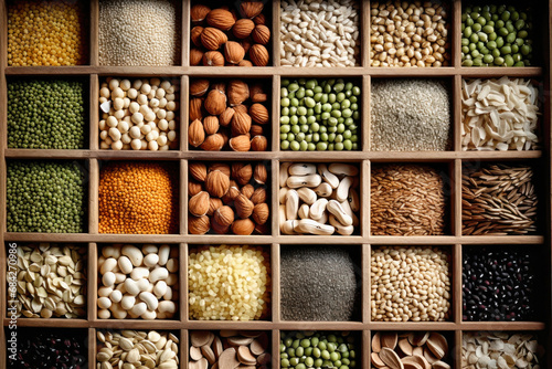 Assorted different types of beans and cereals grains. Set of indispensable sources of protein for a healthy lifestyle. Close-up. View from above. photo