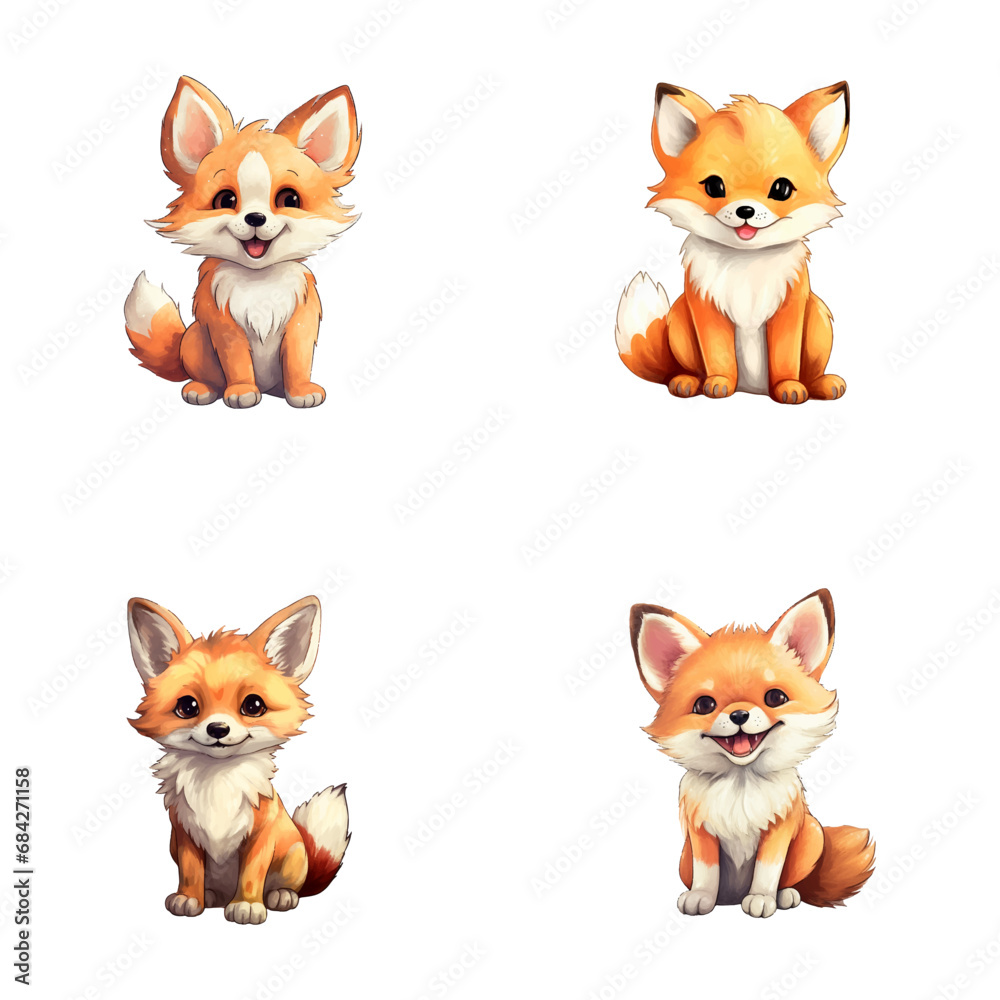 set of cute fox watercolor illustrations, safari jungle animals vector set of cute fox watercolor illustrations, safari jungle animals vector