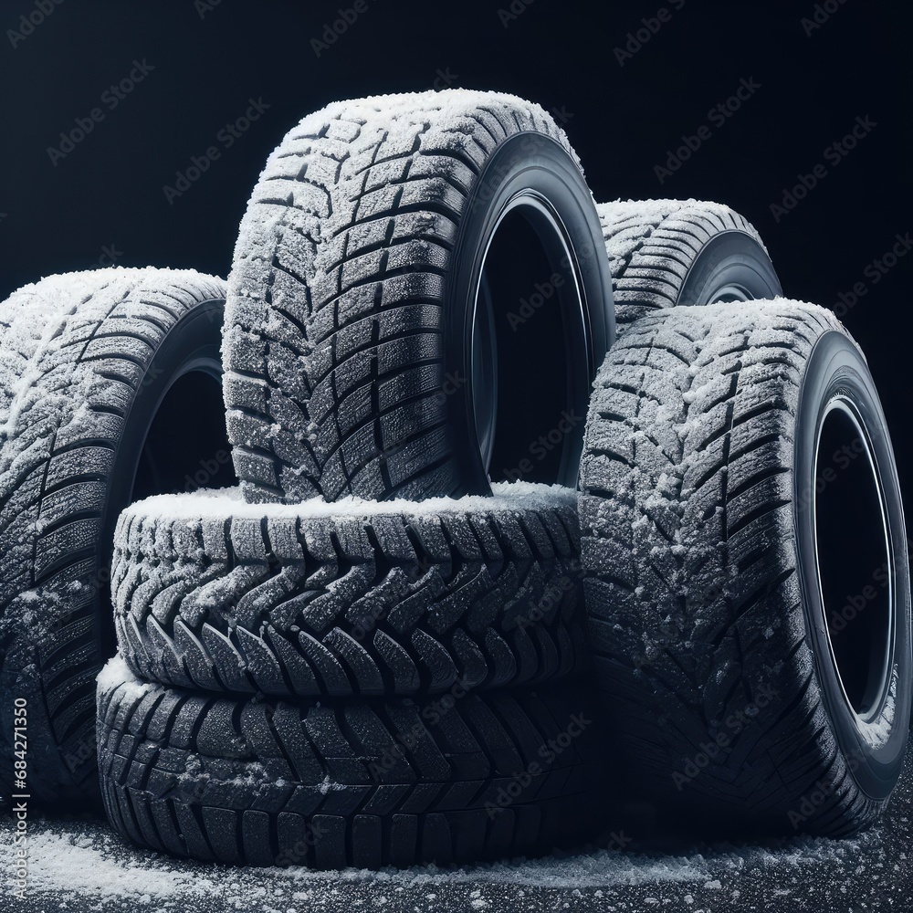 new tire with modern tread on black background brightly lit from above
