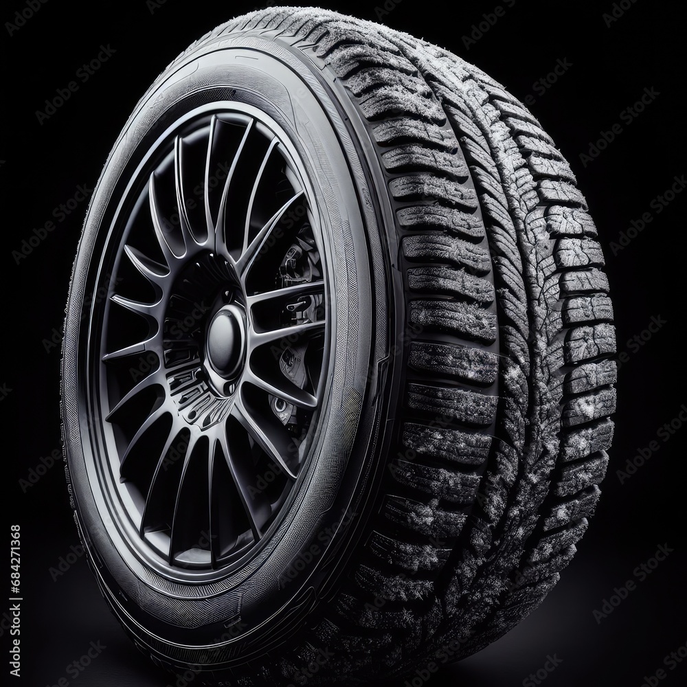 new tire with modern tread on black background brightly lit from above