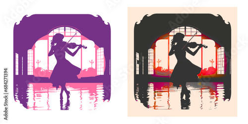 バイオリンを演奏する女性のシルエット