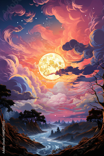 full moon, fantastic night landscape. illustration.