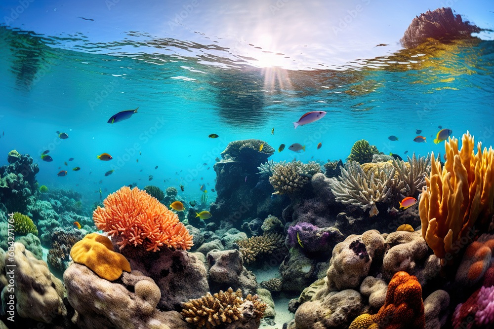 Naklejka premium Underwater coral reef with colorful fish. Generative Ai