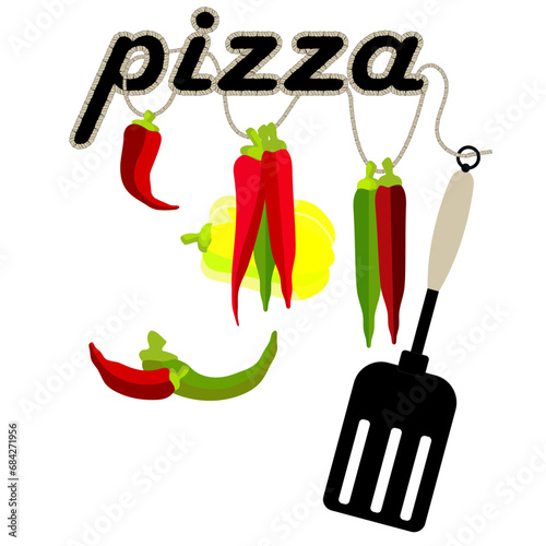 Pizza and ingredients. Sweet, Bulgarian peppers. Salad preparation. Vegetables. Vegetarian food. Healthy eating. Red bell peppers. Vector drawing