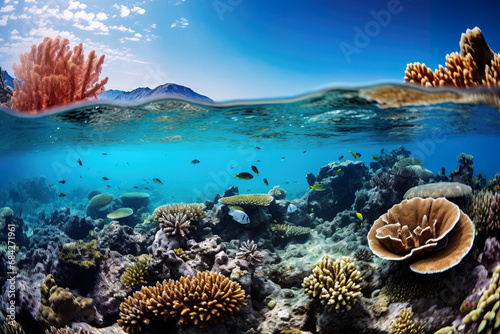 Underwater coral reef with colorful fish. Generative Ai