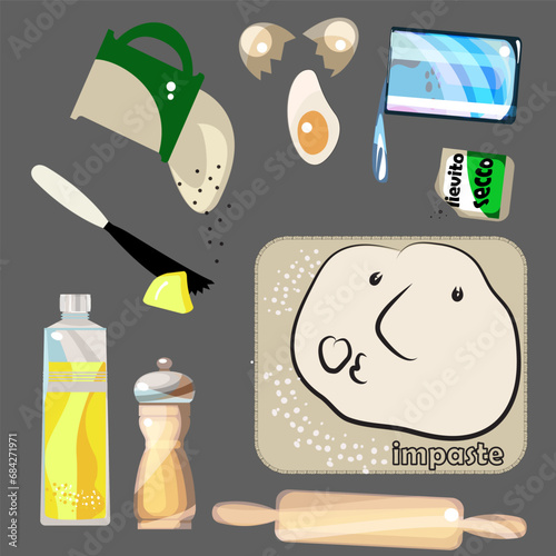 Pizza and dough ingredients. Butter, flour, dough, spices. Cooking a dish. Healthy eating. Vector drawing. Infographics. A set of elements for the test.