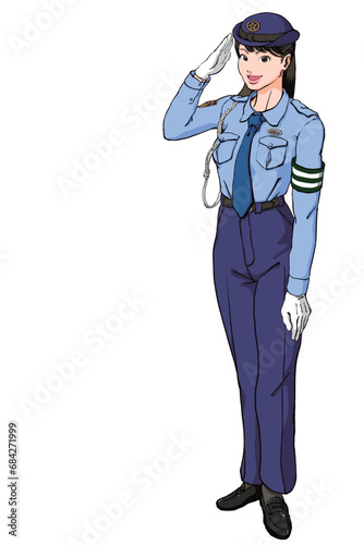 敬礼する若い女性警察官_夏服ズボン交通腕章あり