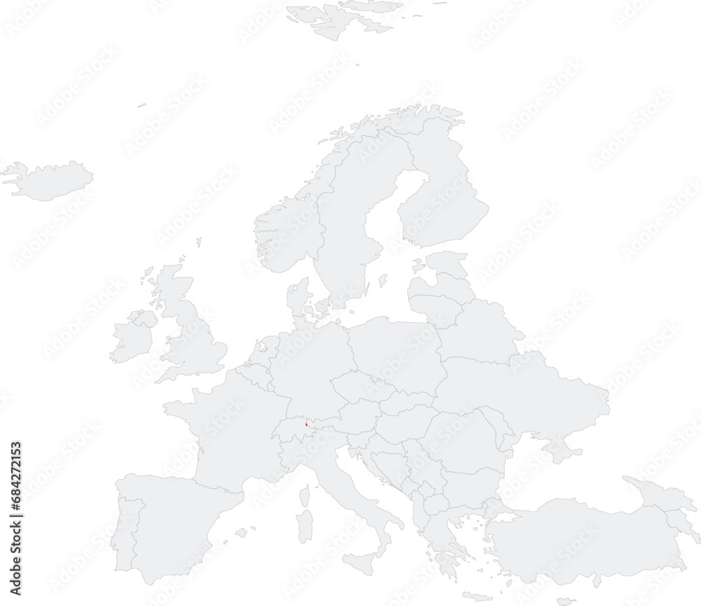 Obraz premium Red CMYK national map of LIECHTENSTEIN inside gray blank political map of European continent on transparent background using Robinson projection