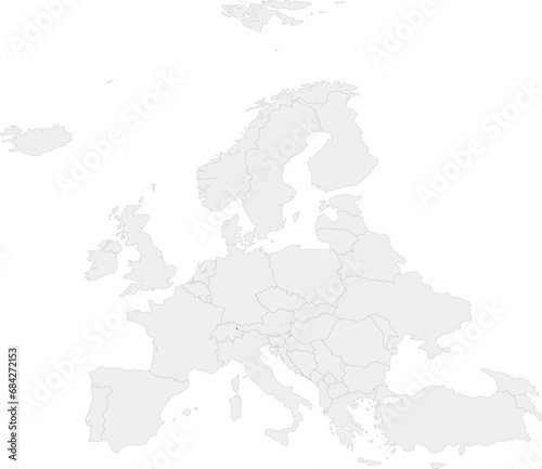 Red CMYK national map of LIECHTENSTEIN inside gray blank political map of European continent on transparent background using Robinson projection