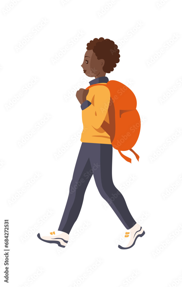 Girl tourist with a backpack. Woman walking. Travel and active lifestyle. Vector cartoon illustration isolated on white background Girl tourist with a backpack. Woman walking. Travel and active lifestyle. Vector cartoon illustration isolated on white background