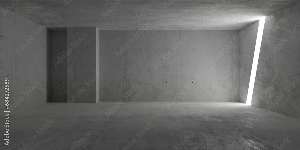 Abstract empty, modern concrete room with diagonal light stripe in the wall, pillar and rough floor - industrial interior background template - obrazy, fototapety, plakaty 