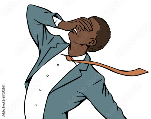Man is in great despair. African American person. Desperate hand gesture, stress, tragedy and failure. Negative emotion. Cartoon vector illustration isolated on white background. Pop art comic style