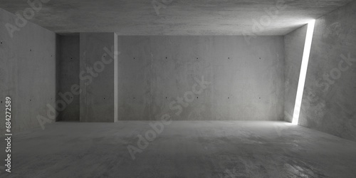 Abstract empty, modern concrete room with diagonal light stripe in the wall, pillar and rough floor - industrial interior background template photo