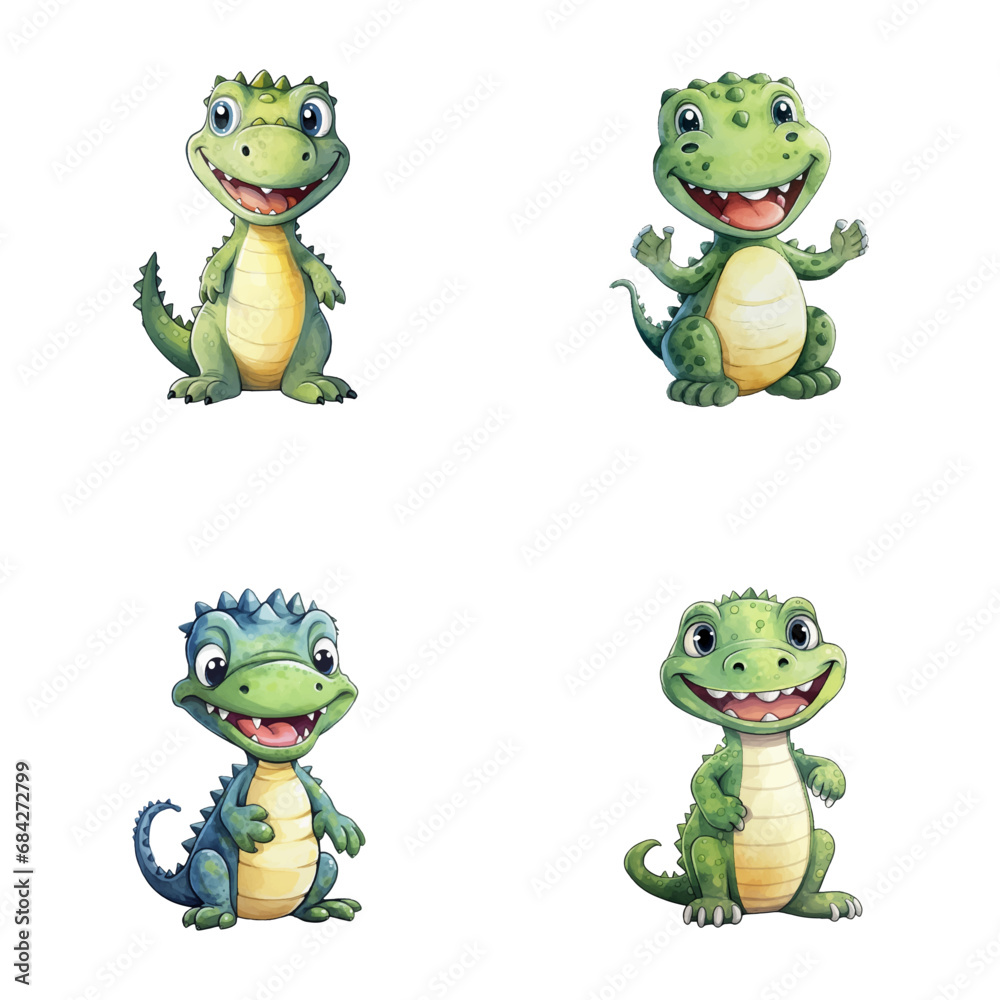 set of cute crocodile watercolor illustrations, safari jungle animals vector set of cute crocodile watercolor illustrations, safari jungle animals vector