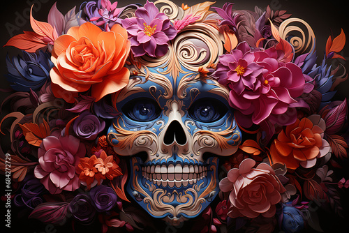 Mexican day of death or day of the dead. Sugar skull and flowers. El Dia de Muertos.