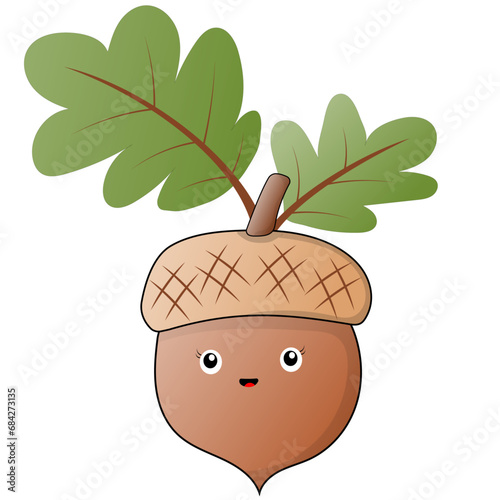 cartoon acorn with a stem and big leaves on top