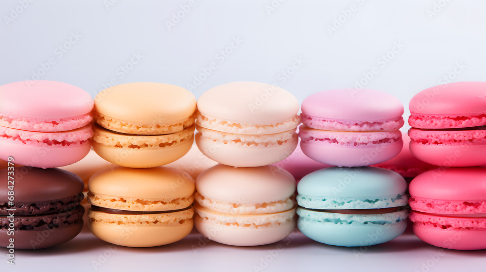 Macaroons close-up, side view. pastel colors, multi colored dessert. Empty space for your text. Cookies, pastries, flour products. Macaroons close-up, side view. pastel colors, multi colored dessert. Empty space for your text. Cookies, pastries, flour products.