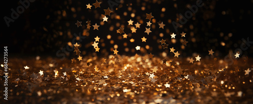  background of abstract stars glitter lights. gold and black. de focused. banner