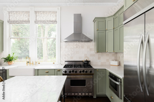 A kitchen detail with sage green cabinets, a gold faucet on an apron sink, brown tiled backsplash, and stainless steel appliances.
