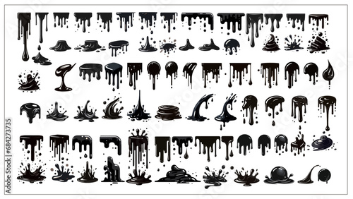 Dripping black paint  melting chocolate or dripping black oil. Set of abstract liquid splash elements. Flat vector illustration of splash ink flows 