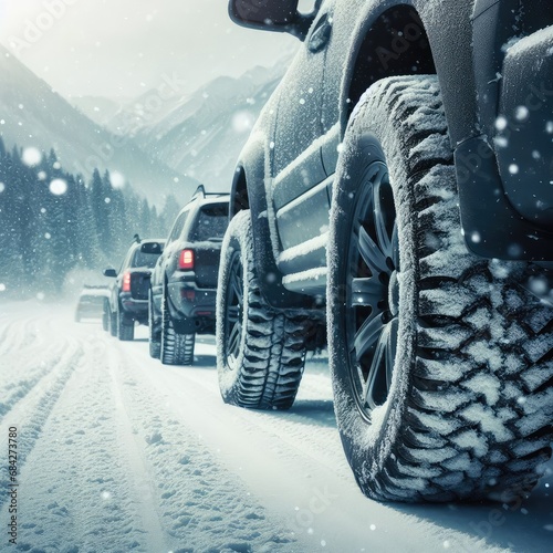 close up different winter tires on a snowy road in the mountains - snow storm © pahis