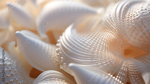 Macro Close-Up Of Seashell Spirals, abstract geometric composition, group of white seashells