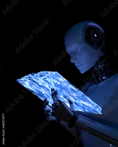 A female robot reading a book about artificial intelligence. Dark background.