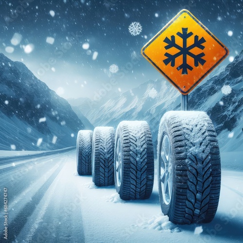 close up different winter tires on a snowy road in the mountains - snow storm