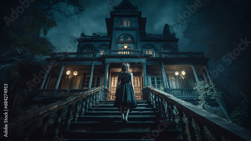 woman climbing steps of spooky mansion