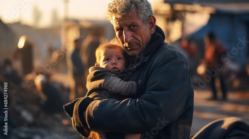 Senior immigrant man holds baby in his arms. baby on the street. Refugee camp, place of temporary refuge generative ai photo