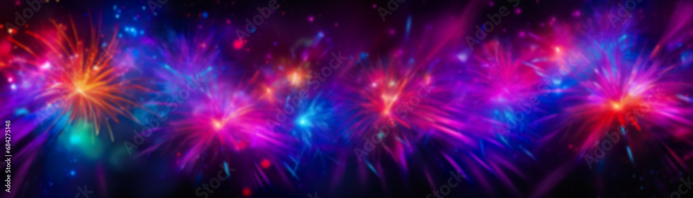 Spectacular display of vibrant neon fireworks in a burst of pink, blue, and purple hues, set against a dark night sky, perfect for festive celebrations. Happy New Year banner.