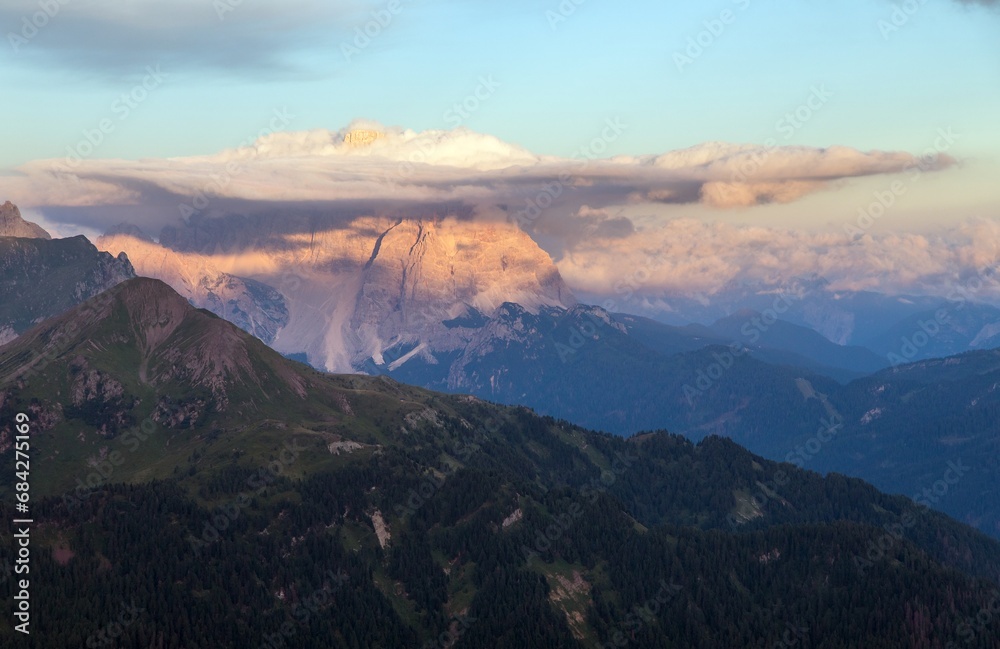 Evening sunset mount Pelmo Alps Dolomites mountains