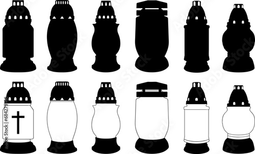 Set of different cemetery memorial candles isolated on white