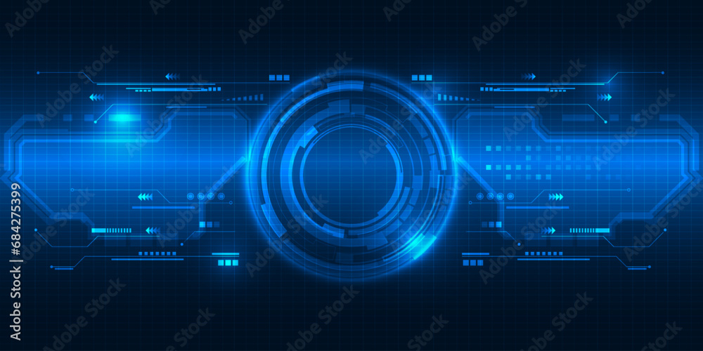Vector illustration of futuristic digital technology background with circle tech head up display,grid field and circuits network panel for advertising and game graphic Vector illustration of futuristic digital technology background with circle tech head up display,grid field and circuits network panel for advertising and game graphic